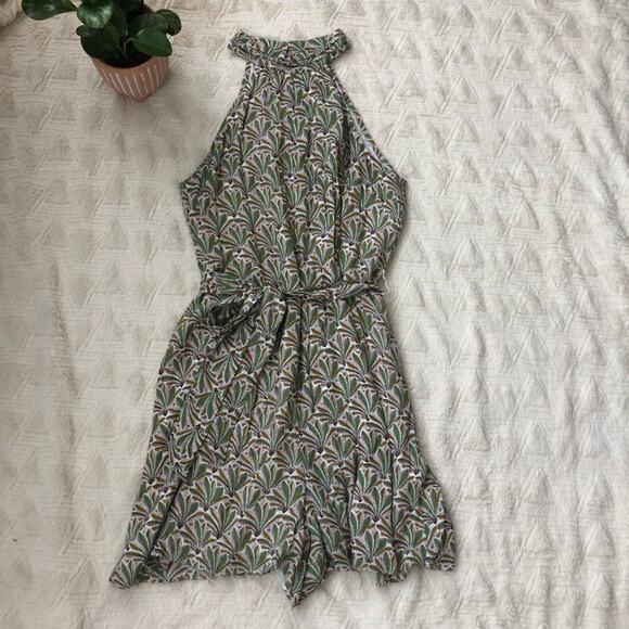 Anthropologie Maddie Palm Leaf High Neck Tie Waist Romper - Picture 3 of 5